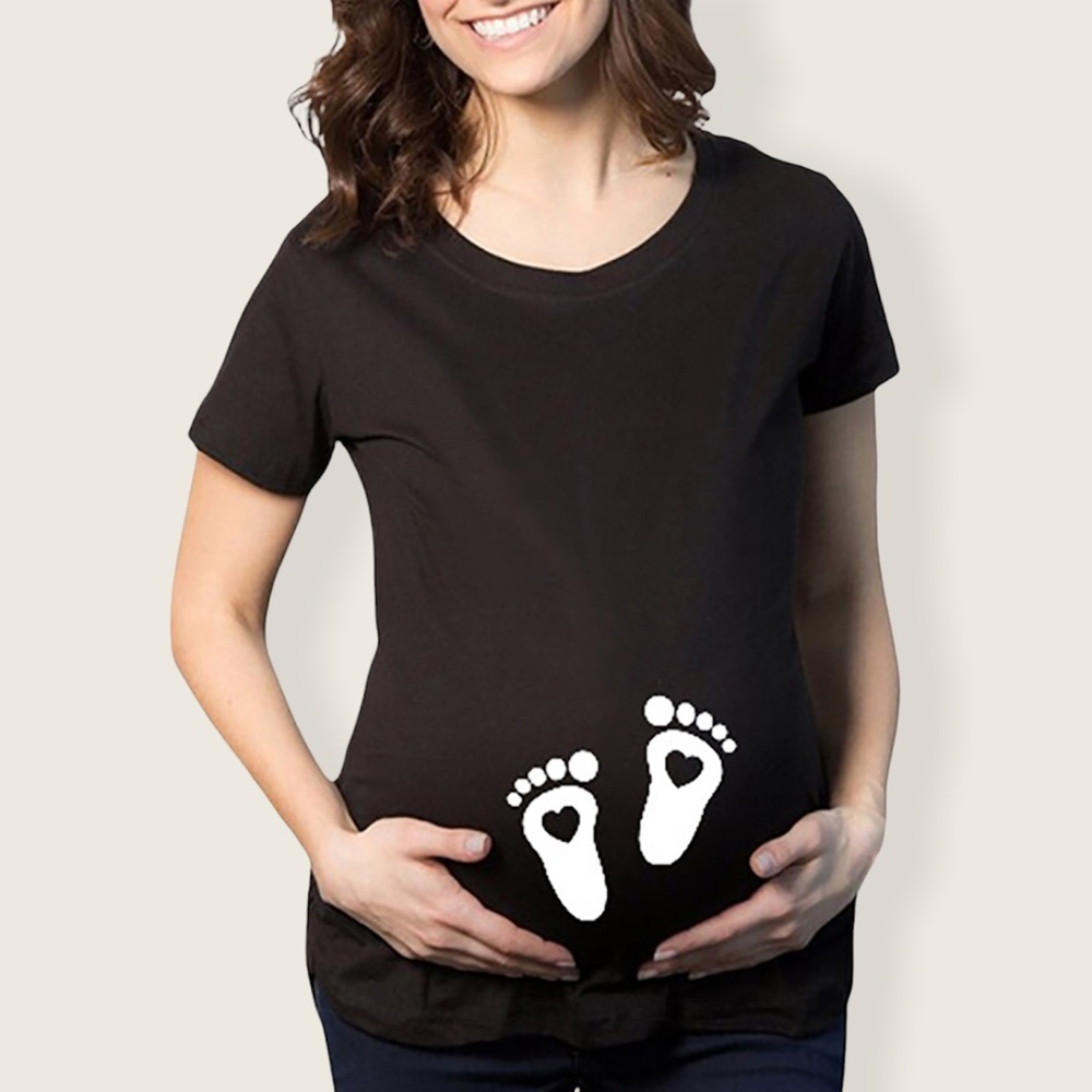 Maternity Baby Footprint Short Sleeve Black T-Shirt Small